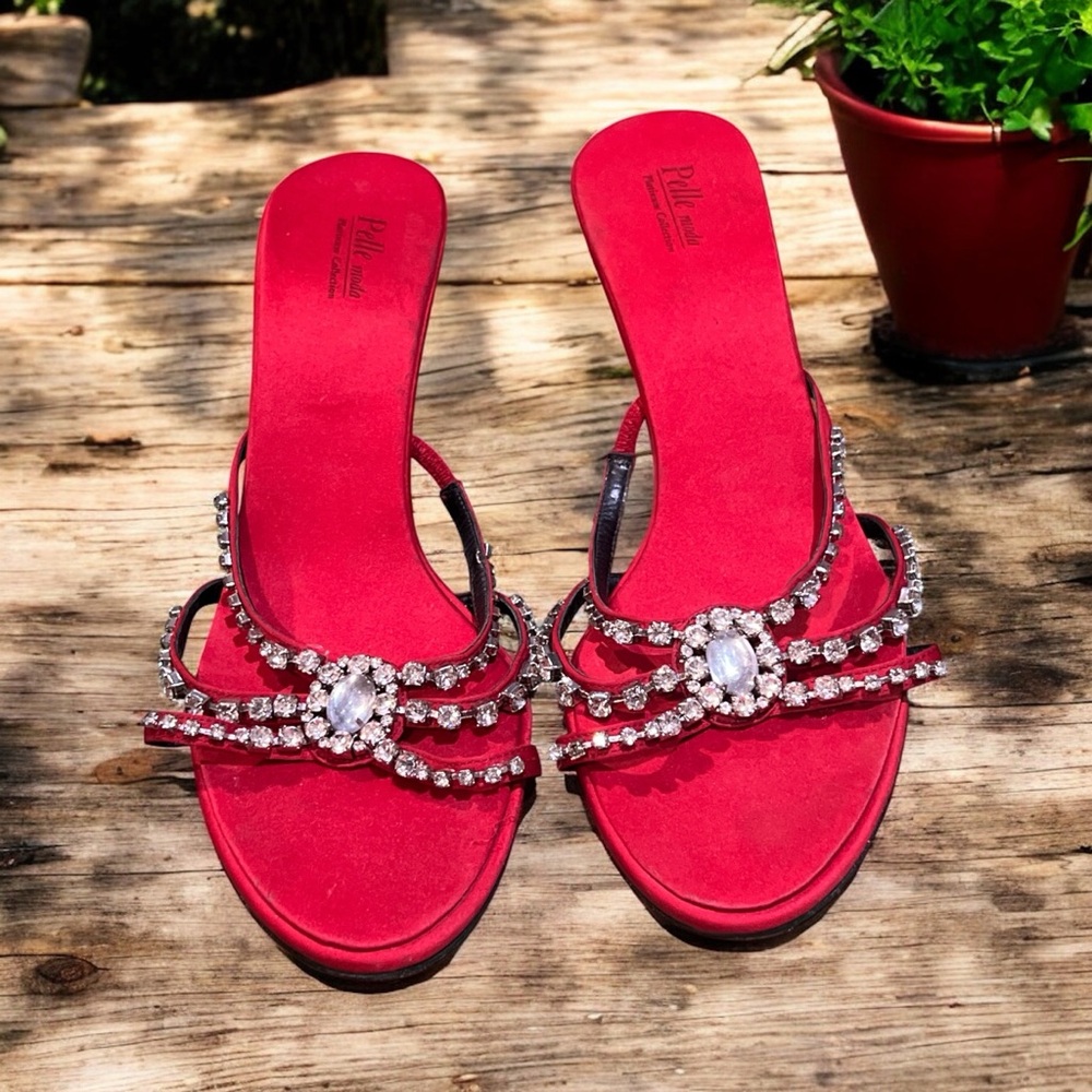 Pelle Moda Rhinestone Red Heeled Sandals - Picture 2 of 5